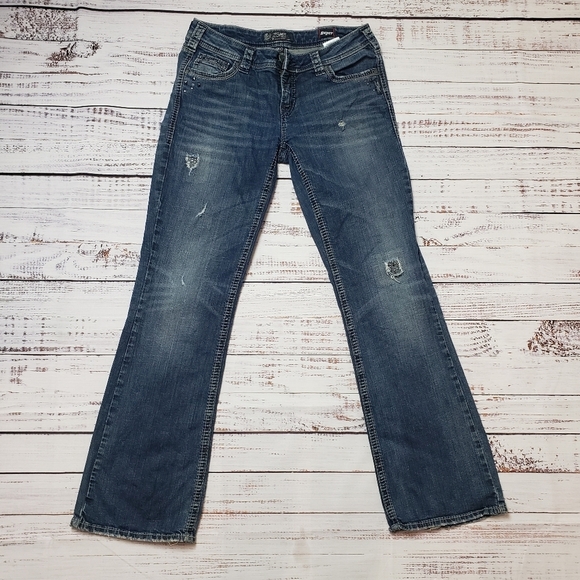 Silver Jeans Aiko Mid Boot Cut Distressed with embroidery and studs. - Picture 2 of 16